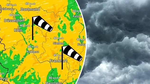 Splitbild: Links eine Deutschlandkarte mit Windvorhersage. Rechts dunkle Wolken.