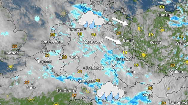Wetterkarte mit Regengebieten in Deutschland