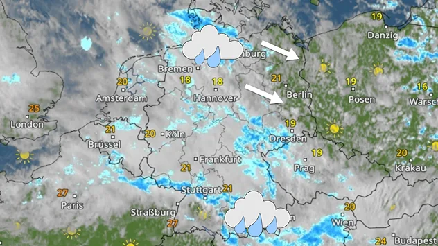 Wetterkarte mit Regengebieten in Deutschland
