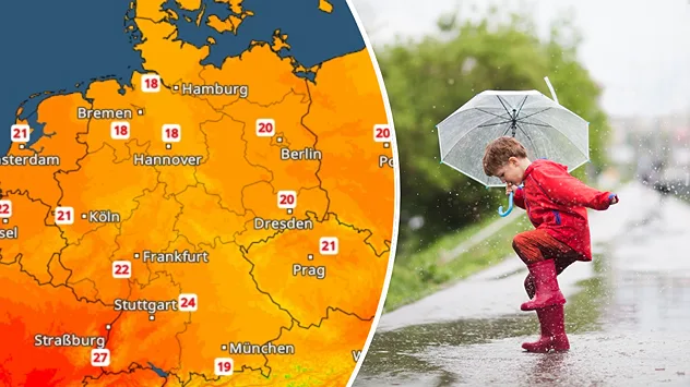 Deutschlandkarte mit den heutigen Höchstwerten zwischen 18 und 27 Grad. Daneben springt ein Kind mit Regenschirm in eine Pfütze.