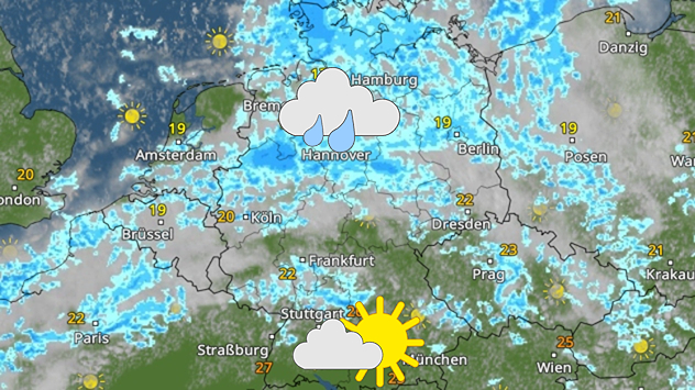 Wetterkarte mit Regen am Mittwoch im Norden, freundlicher dagegen im Süden.