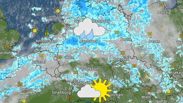 Wetterkarte mit Regen am Mittwoch im Norden, freundlicher dagegen im Süden.
