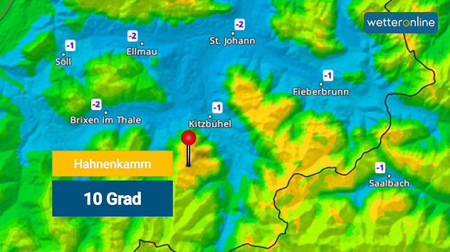 Die Wetterkarte zeigt Temperaturen rund um Kitzbühel. Am Hahnenkamm werden 10 Grad gemessen, während die Umgebung leichten Frost bis –2 Grad aufweist.