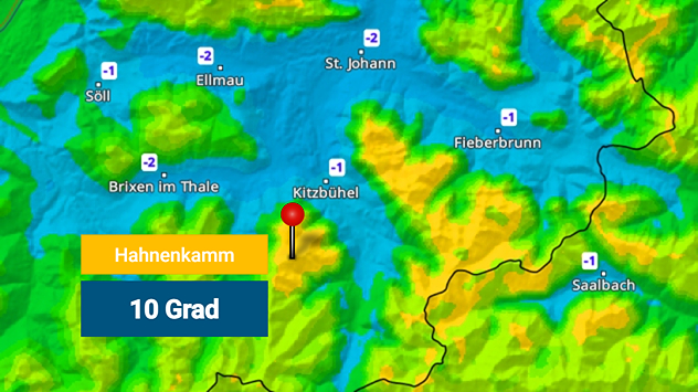 Die Wetterkarte zeigt Temperaturen rund um Kitzbühel. Am Hahnenkamm werden 10 Grad gemessen, während die Umgebung leichten Frost bis –2 Grad aufweist.