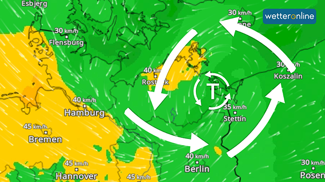 Im WindRadar ist derzeit eine Spirale erkennen. Die Windpfeile (weiß) drehen sich gegen den Uhrzeigersinn um ein Zentrum.
