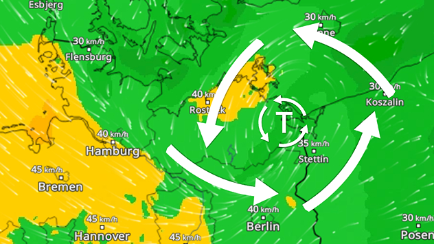 Im WindRadar ist derzeit eine Spirale erkennen. Die Windpfeile (weiß) drehen sich gegen den Uhrzeigersinn um ein Zentrum.