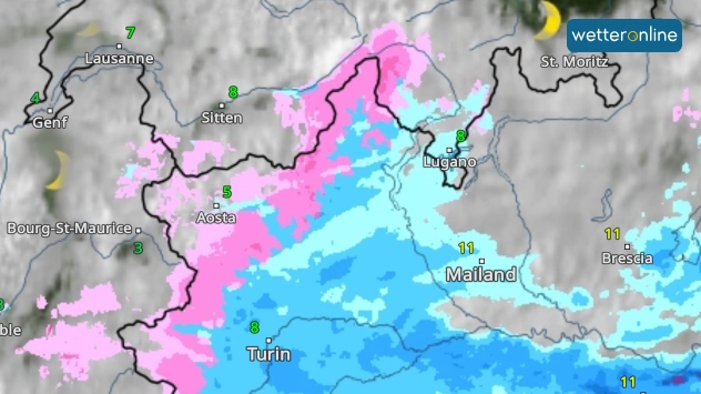 Das WetterRadar zeigt Schnee in rosa Farben.