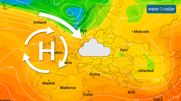 Weerkaart met hogedrukgebied boven West-Europa en bewolking boven Midden-Europa.