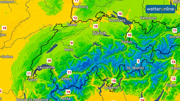 Eine Farbkarte zeigt die Höchsttemperaturen in der Schweiz