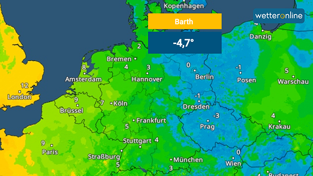 Karte mit Morgentemperaturen in Mitteleuropa, Osten kalt, Westen milder.