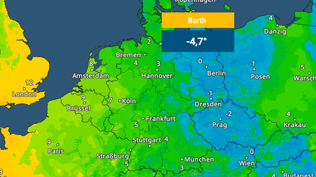 Karte mit Morgentemperaturen in Mitteleuropa, Osten kalt, Westen milder.