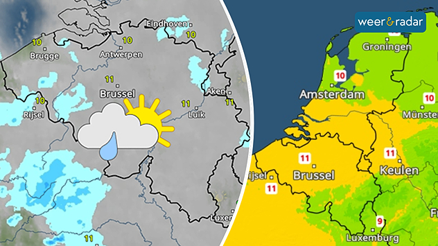 Links een afbeelding van de WeerRadar met een beetje zon, veel wolken en lokaal een bui. Rechts een afbeelding van de TemperatuurRadar. Overal in de Benelux is het 9 tot 11 graden.