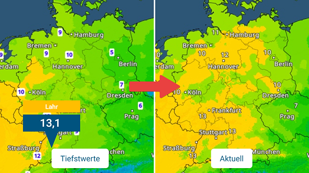 Im Osten ist es über Nacht immer wärmer geworden.