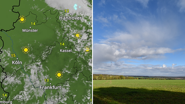 Splitbild. Deutschlandkarte mit Sonne, Wolken und Temperaturen. Rechts ein