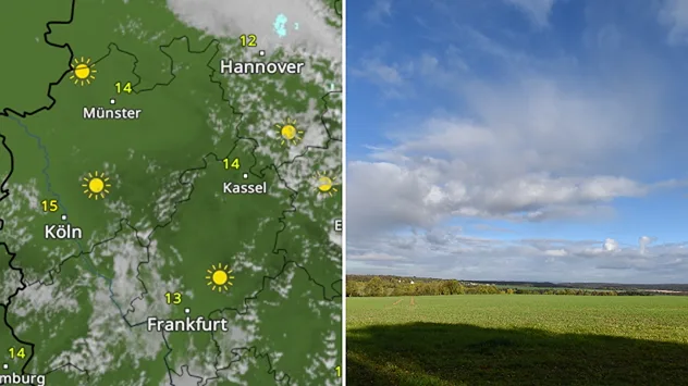 Splitbild. Deutschlandkarte mit Sonne, Wolken und Temperaturen. Rechts ein