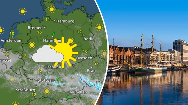 Geteilte Ansicht: Links das WetterRadar mit Sonne und Wolken bei 812 °C; rechts Hafenansicht mit Segelschiff und Gebäuden bei klarem Himmel und ruhigem Wasser.