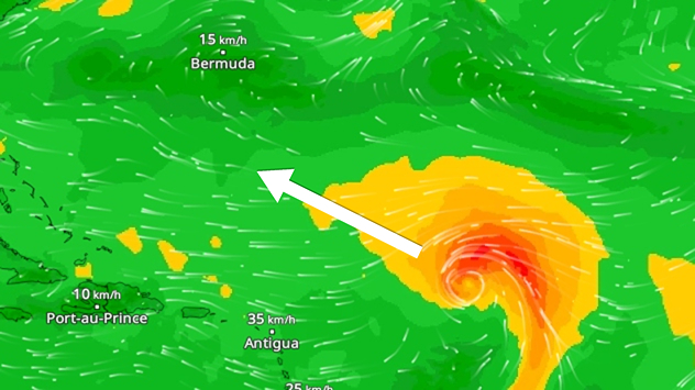 De kaart toont de windkracht boven de Atlantische Oceaan. Een tropische storm boven open zee vormt nog geen bedreiging voor het land.