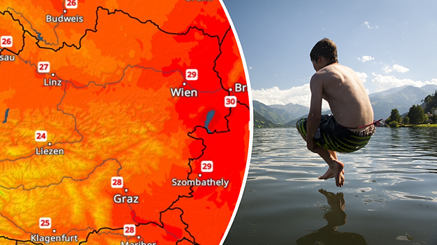 TemperaturRadar für Sonntag mit knapp 30 Grad in Wien und Junge der in einen See springt