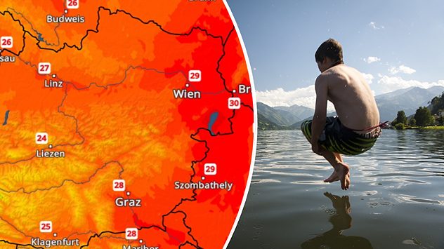 TemperaturRadar für Sonntag mit knapp 30 Grad in Wien und Junge der in einen See springt (c) a4ndreas/Shutterstock.com