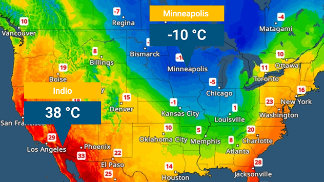 Carte météo des États-Unis avec de fortes différences de température : environ −10 °C dans le nord, près de Minneapolis, tandis qu'à Indio, en Californie, le mercure atteint environ 38 °C.