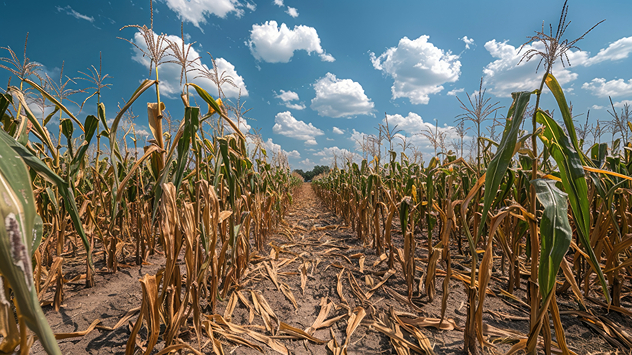 Vertrocknete Maispflanzen auf einem Feld bei Trockenheit.