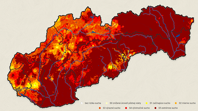Mapa Slovenska zobrazujúca intenzitu pôdneho sucha, kde väčšinu územia pokrývajú červené až tmavočervené odtiene označujúce výrazné až extrémne sucho.