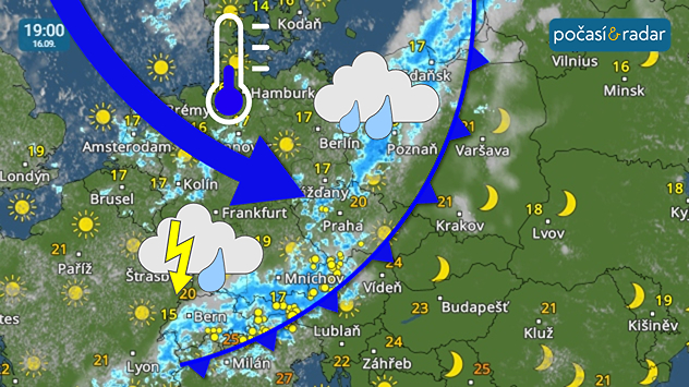 Meteoradar, screenshot, 16. září 19:00: Ve středu bude přes Česko od severozápadu přecházet studená fronta, která přinese déšť, přeháňky, ojediněle i bouřky,