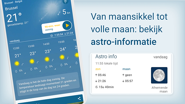Een overzicht van de astro-functie van de Weer & radar app. Met de astro-functie ben je altijd op de hoogte van op- en ondergangstijden van de zon en de maan. en ook van de totale daglengte.