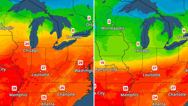 Zweiteilige Wetterkarte der USA: links warme Luft mit hohen Temperaturen, rechts deutlich kühler. Farben wechseln von rot/orange zu grün/blau, besonders im Norden und Mittleren Westen.