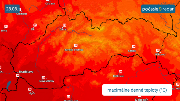 Teplotná mapa Slovenska na 28. augusta s maximálnymi dennými teplotami prevažne od 28 do 33 °C, na juhozápade a v okolí Podunajskej nížiny lokálne vyššími.
