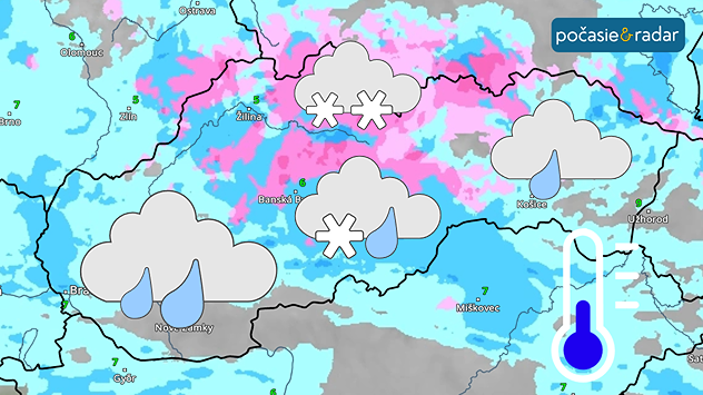 Mapa Slovenska so zrážkami, dažďom, snehom a ochladením