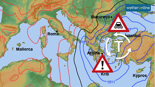 Wetterkarte mit Tief Barbara über Griechenland, Warnzeichen für Unwetter und Überschwemmung, Luftdrucklinien über dem östlichen Mittelmeer.