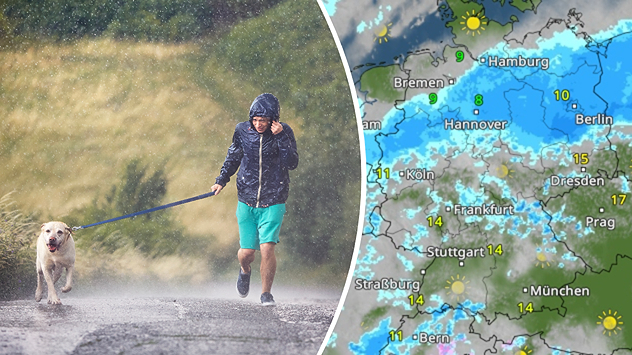Links: Ein Mann mit angeleintem Hund rennt durch den Regen. Rechts: Das WetterRadar für Mittwoch.