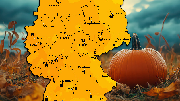 Das Bild zeigt eine wolkige herbstliche Landschaft mit einer Temperaturkarte für Mitte der kommenden Woche mit bis knapp 20 Grad im Südwesten.
