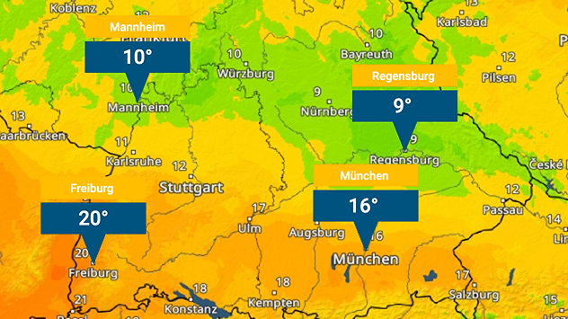 TemperaturRadar von Montagnachmittag: Es gibt große Kontraste im Süden.