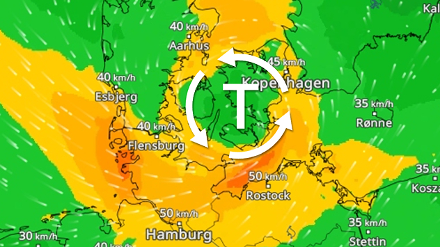 WindRadar zeigt farbige Windfelder rund um ein Tiefdruckgebiet über Dänemark. Windgeschwindigkeiten bis 50 km/h, besonders um Rostock und Hamburg.