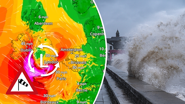 On the left, WindRadar shows a storm system over the UK with strong winds. On the right, high waves are crashing against a sea wall. A warning symbol indicates a storm.