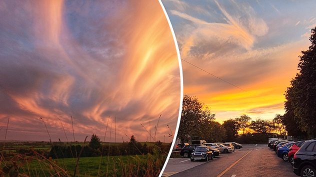 Split image showing swirling orange-pink sunset clouds above green countryside and golden wispy clouds over a tree-lined car park.