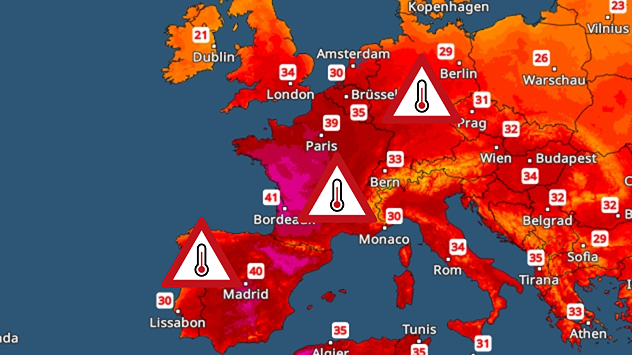 Europaweite Temperaturkarte mit verbreitet 30 bis über 40 Grad. Warnsymbole markieren starke Hitze über Mitteleuropa, Frankreich und der Iberischen Halbinsel.