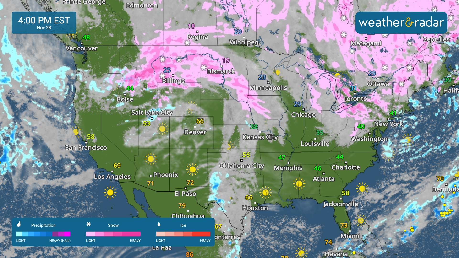 The WeatherRadar shows more lake-effect snow for the Great Lakes, and a potent snow storm over the northern Plains.