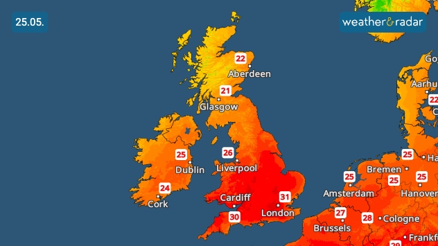 Temperature map of the UK and western Europe on 25.05 showing intense red and orange heat across southern Britain, with temperatures reaching 31°C near London and around 30°C in southwest England.