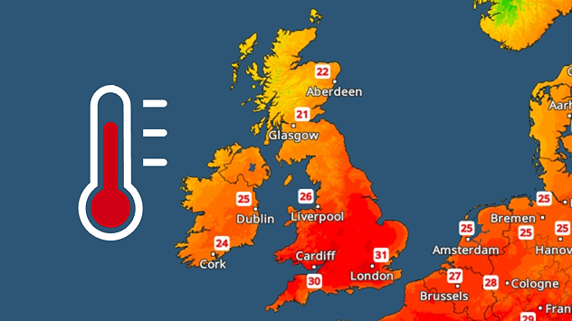 Temperature map of the UK and western Europe showing intense red and orange heat across southern Britain, with temperatures reaching 31°C near London and a large thermometer icon beside the map.