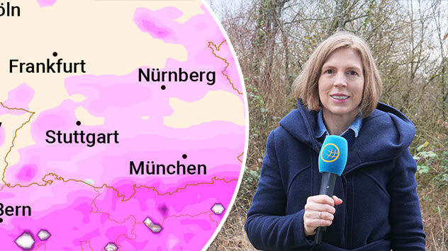 Meteorologin rechts, eine Karte mit Schnee links