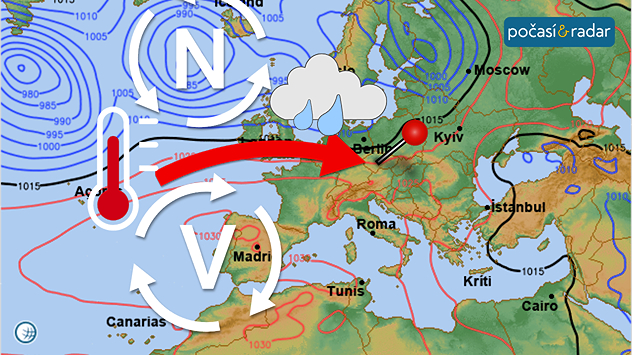 Stav synoptické situace nad Evropou v neděli 22. 2.: Česko se v těchto dnech dostává pod vlivem západního oceánského proudění.