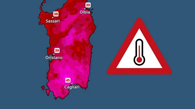 Eine Temperaturkarte von Sardinien zeigt 38 bis 46 Grad an.