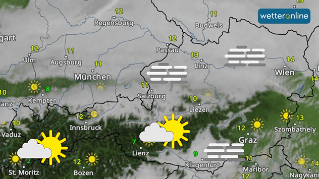 Wetterkarte zeigt Sonne im Westen und Süden, Nebel im Osten und Norden Österreichs.