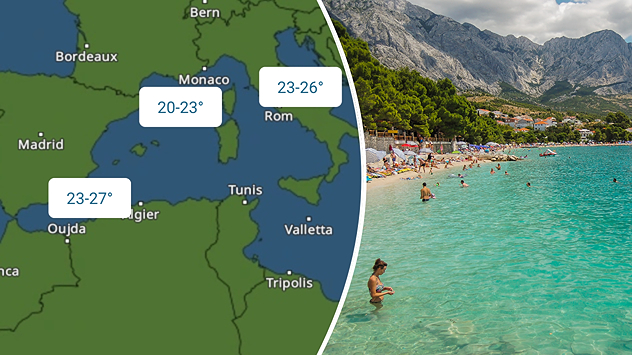 Image en deux parties : à gauche, carte de la Méditerranée avec les températures de l'eau – 20 à 23 °C à Monaco, jusqu'à 27 °C en Espagne ; à droite, plage avec des vacanciers dans l'eau.