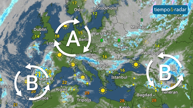 Mapa meteorológico de Europa con un anticiclón sobre Europa Central y depresiones sobre España y Europa del Este. Las flechas indican corrientes de aire del suroeste al noreste, así como en sentido contrario en el este. Predominan los símbolos de sol, junto con nubes y precipitaciones en el oeste y el este.