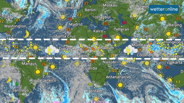 Das WetterRadar zeigt über dem Äquator eine Zone mit kräftigen Schauern und Gewittern. 
