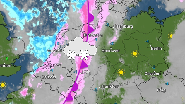 WetterRadar mit okkludierter Front über Deutschland. Schnee- und Schneeregengebiete ziehen von Westen nach Osten. Im Osten sind sonnige Abschnitte zu erkennen.